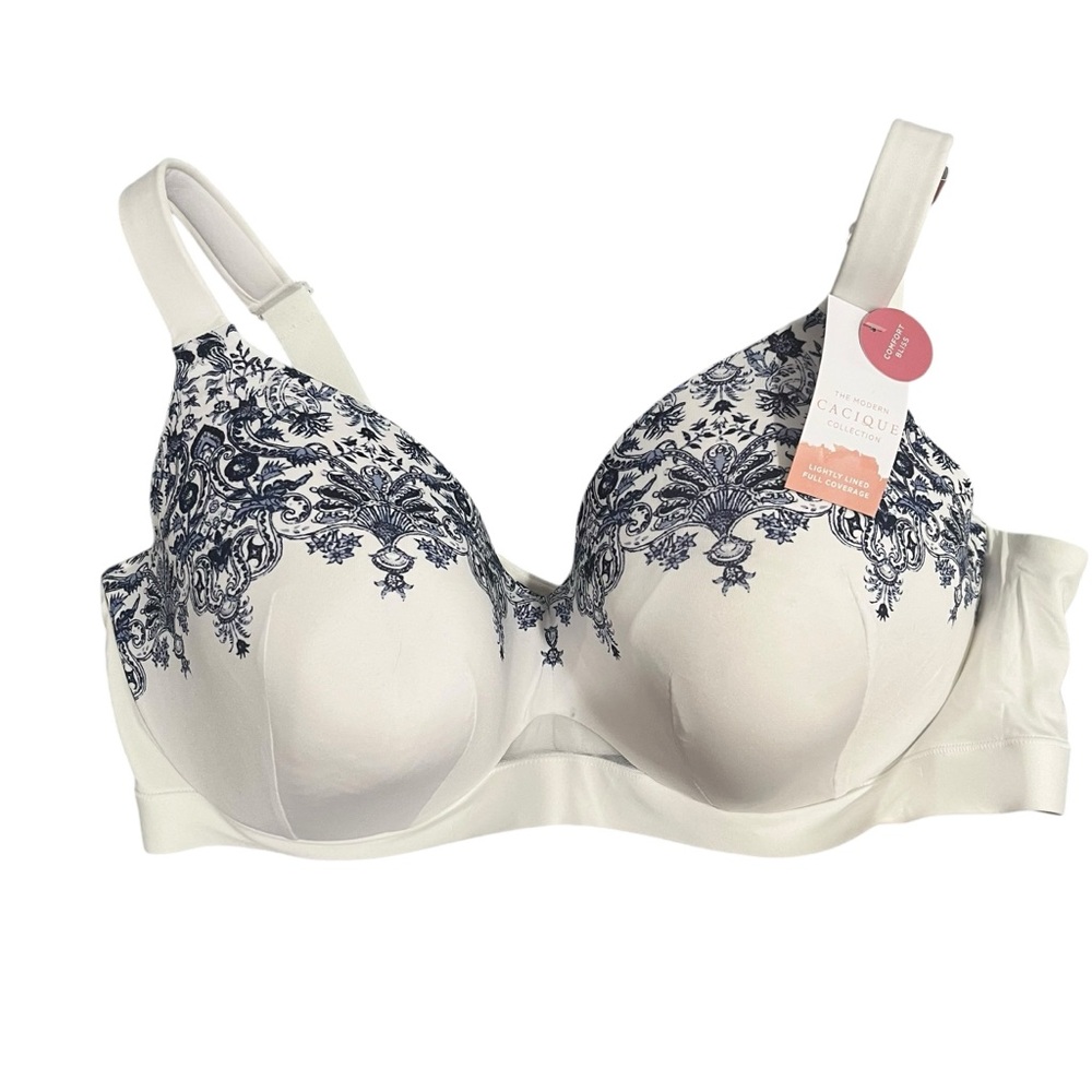 Cacique Lightly Lined Full Coverage Bra‎ 44DD White Navy Blue Satin Underwire